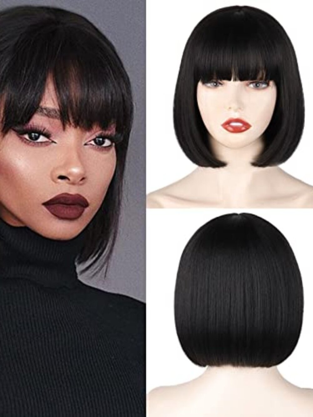 Black Short Bob Wig with Bangs,Straight Bob Hair Wigs for Women | 10-inch